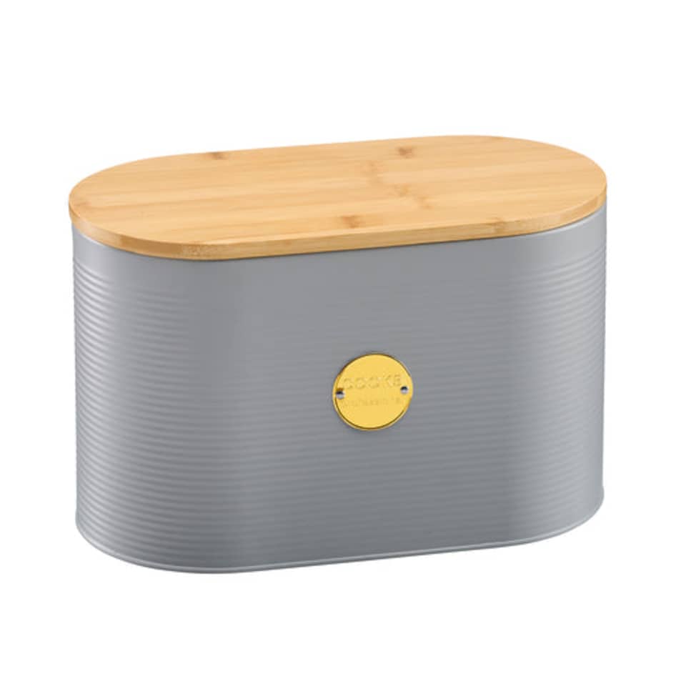 image 1 of Cooks Professional Ribbed Bread Bin, Linen Bag & Bamboo Board Set with Gold Label | Grey | Grey & Gold | 1