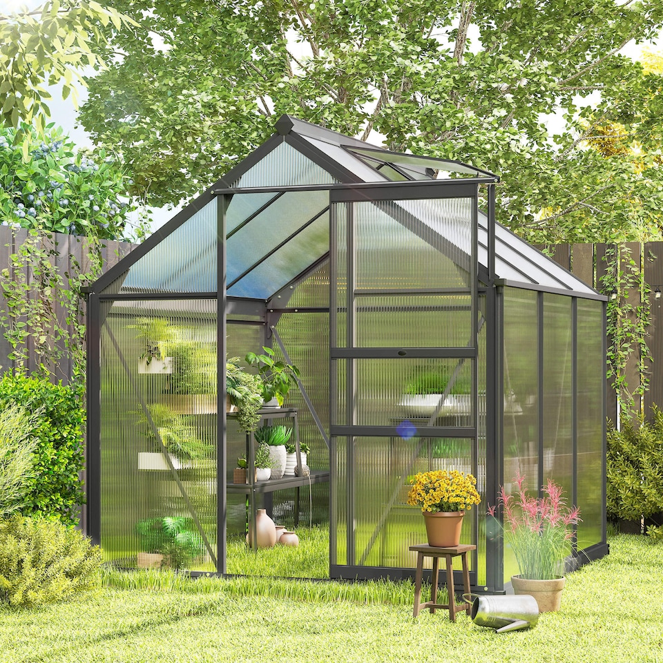 image 1 of Outsunny 6x6ft Walk-In Polycarbonate Greenhouse Plant Grow Galvanized