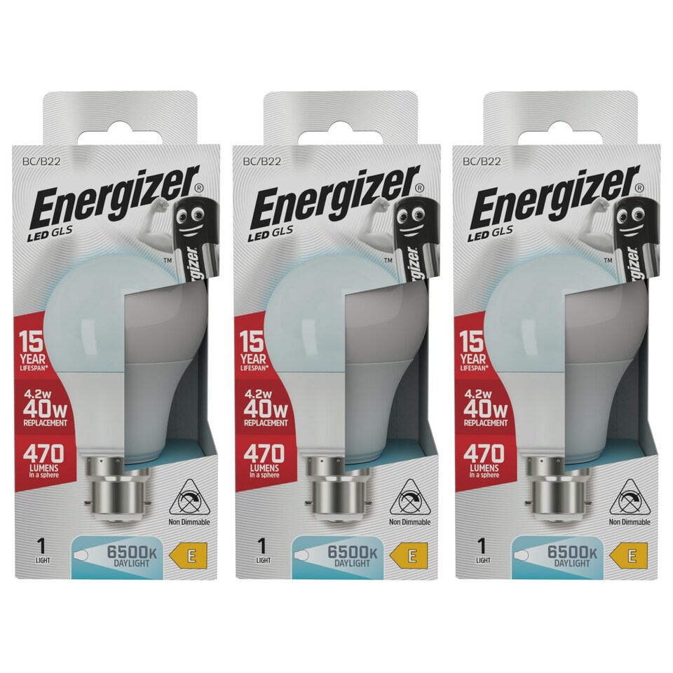 image 1 of Energizer LED GLS B22 470lm 4.2W 6500K (Daylight) Light Bulb - Pack of 3