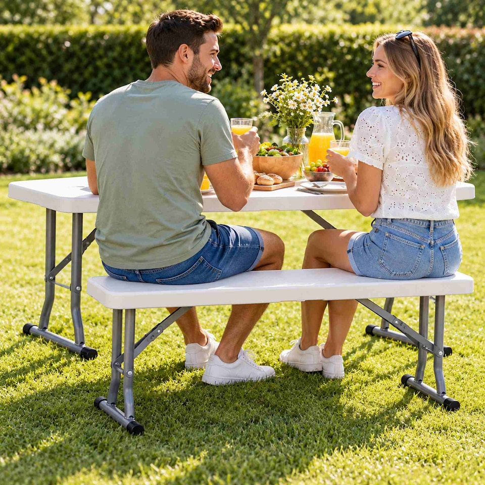 image 1 of 2x 3ft Folding Heavy Duty Outdoor 2 Person Trestle Bench Chair | White