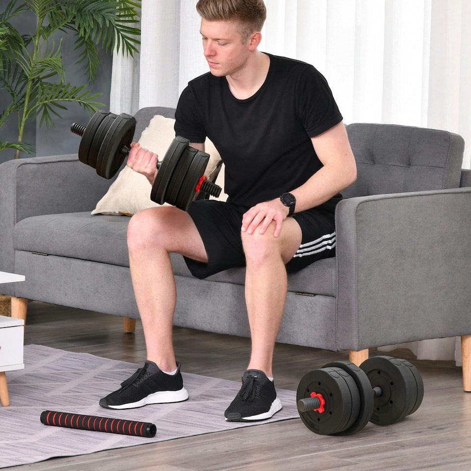 image 1 of HOMCOM 20kg Adjustable 2 IN 1 Barbell Dumbbells Weight Set for Body Fitness Black | Standard