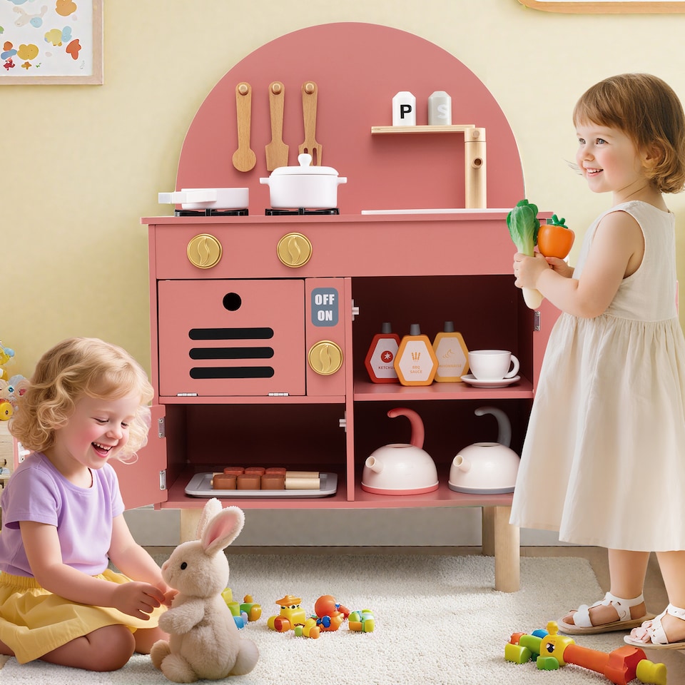 image 1 of COSTWAY Pretend Play Kitchen Wooden Kitchen Playset with Stoves Pink