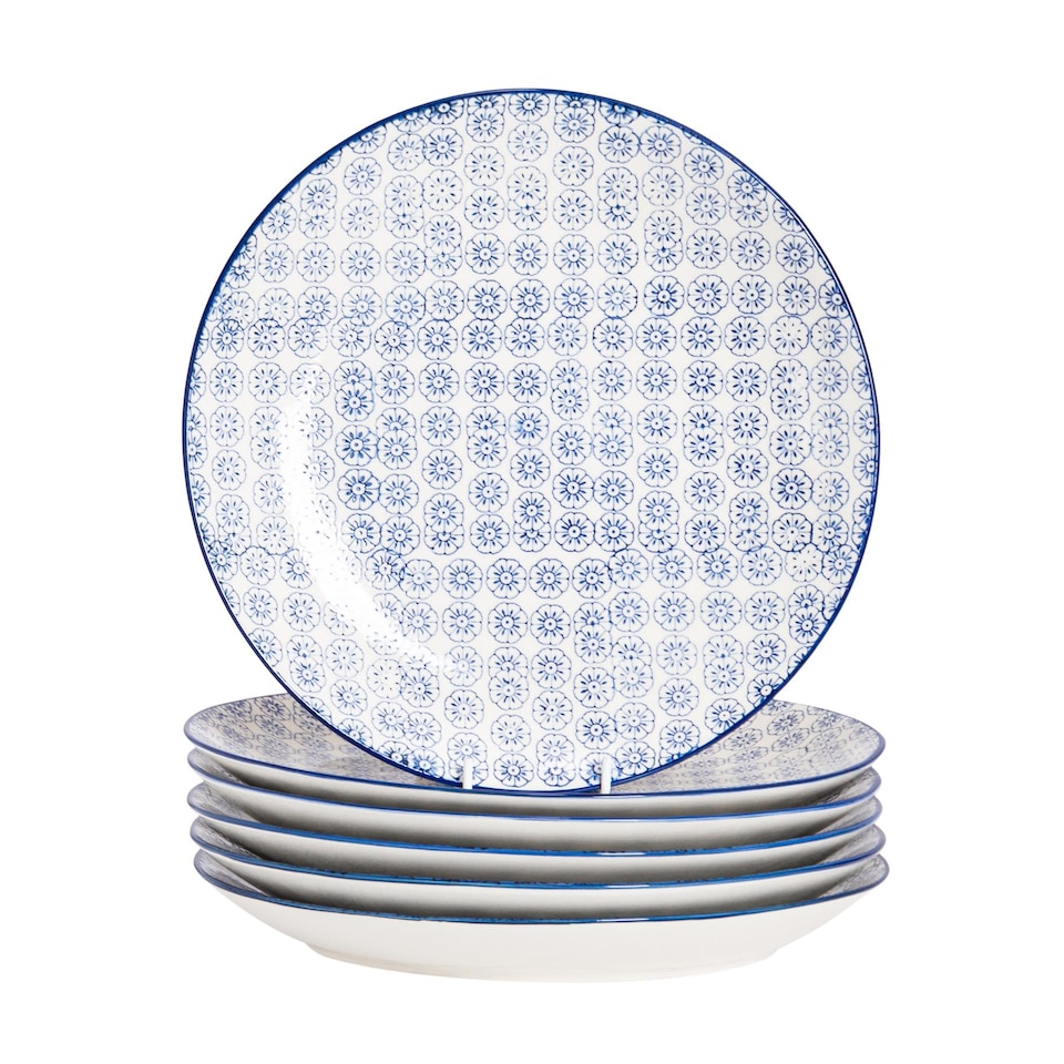 image 1 of Nicola Spring Hand-Printed Dinner Plates - 25.5cm - Navy - Pack of 6 Ceramic Dining Plates for Meals Pasta Salads & Serving