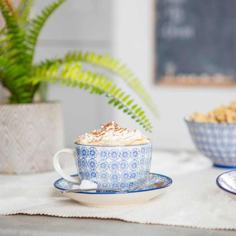 image 1 of Nicola Spring 12 Piece Hand-Printed Cappuccino Cup & Saucer Set - 250ml - Navy