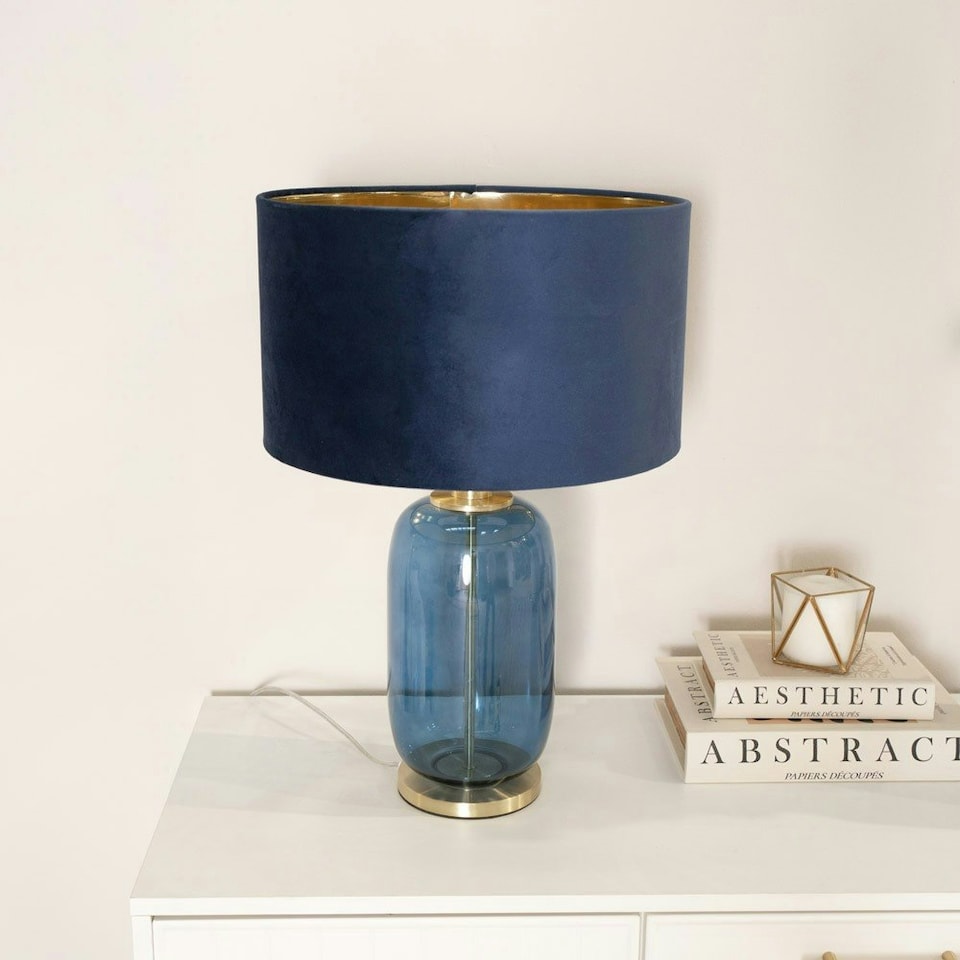 image 1 of ValueLights Leigh Navy Blue and Gold Glass Table Lamp with Navy Velvet and Gold Inner Shade