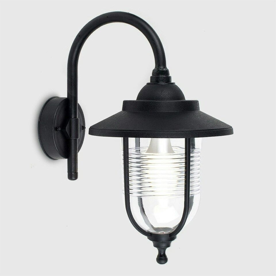 image 1 of ValueLights Black Outdoor Swan Neck Wall Lantern with 6W Warm White Bulb Black