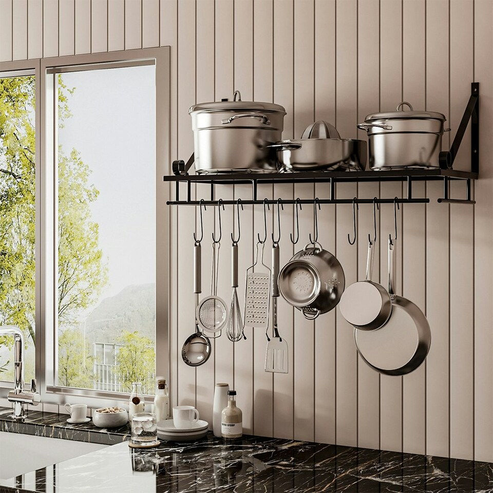 image 1 of Living and Home Kitchen Wall Mounted Shelves Rack for Pan Storage