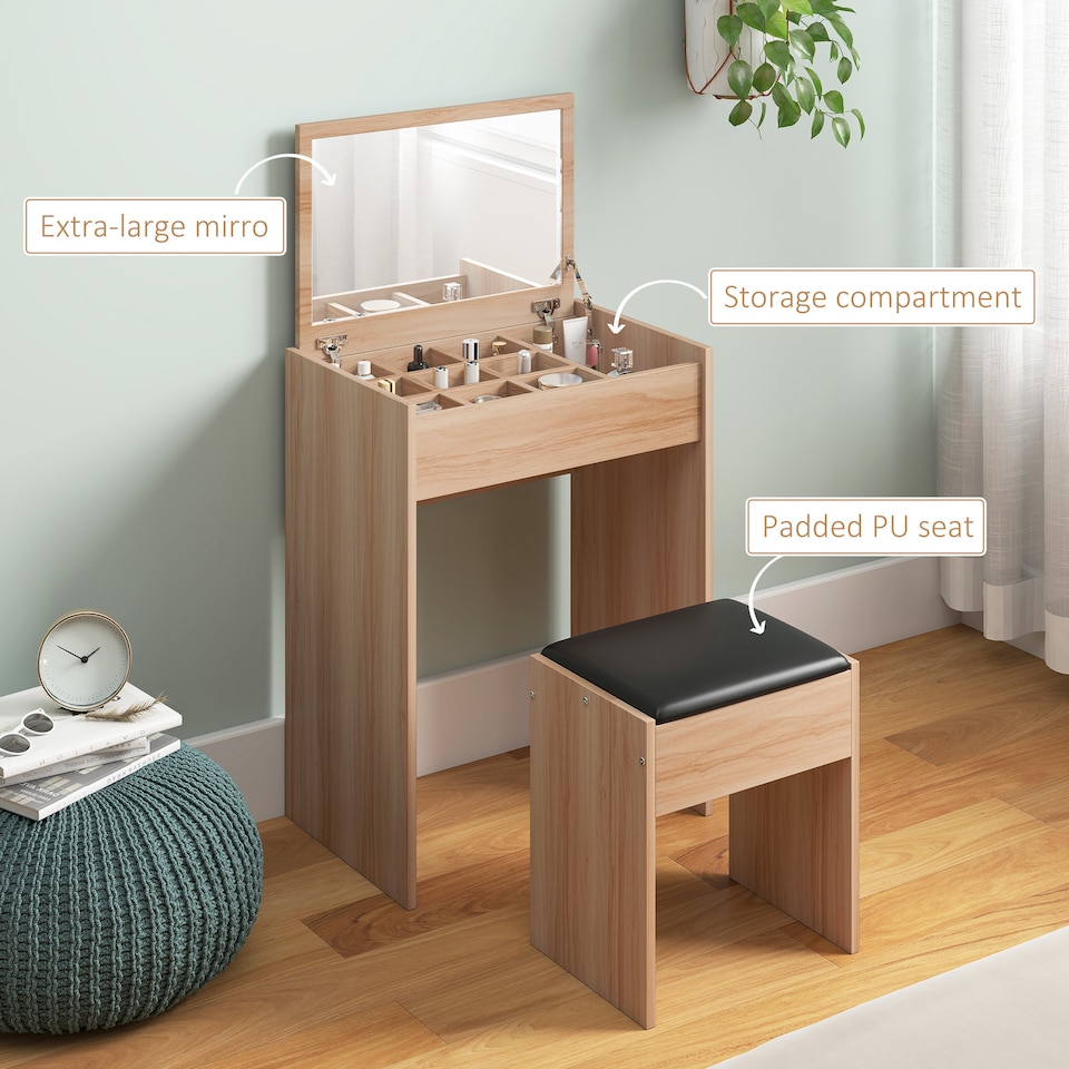 image 1 of HOMCOM Dressing Table Set Cushioned Stool Flip-up Mirror Chipboard - Wood Grain