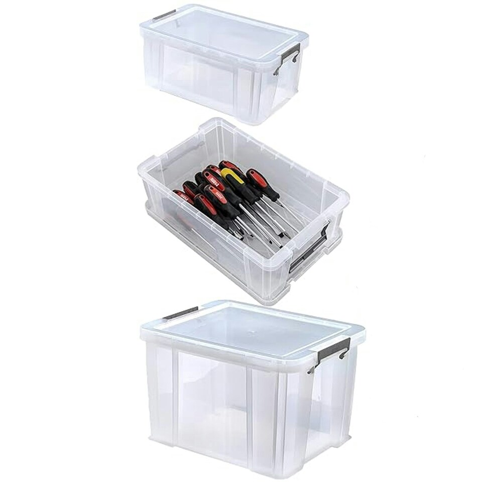 image 1 of 3 x 10 Litres Multipurpose Strong Reinforced Clear Snap Closure Storage Containers With Lids & Handles Clear