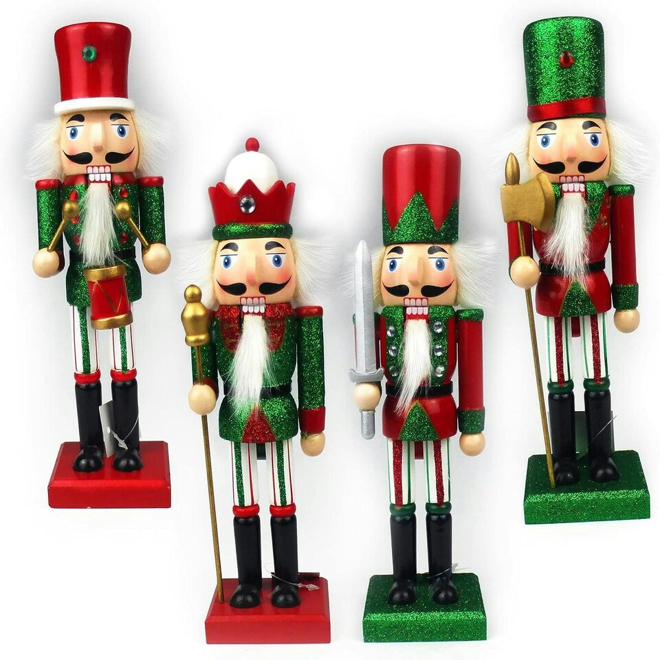 image 1 of 25cm Red & Green Wooden Nutcrackers - 4-Piece Set