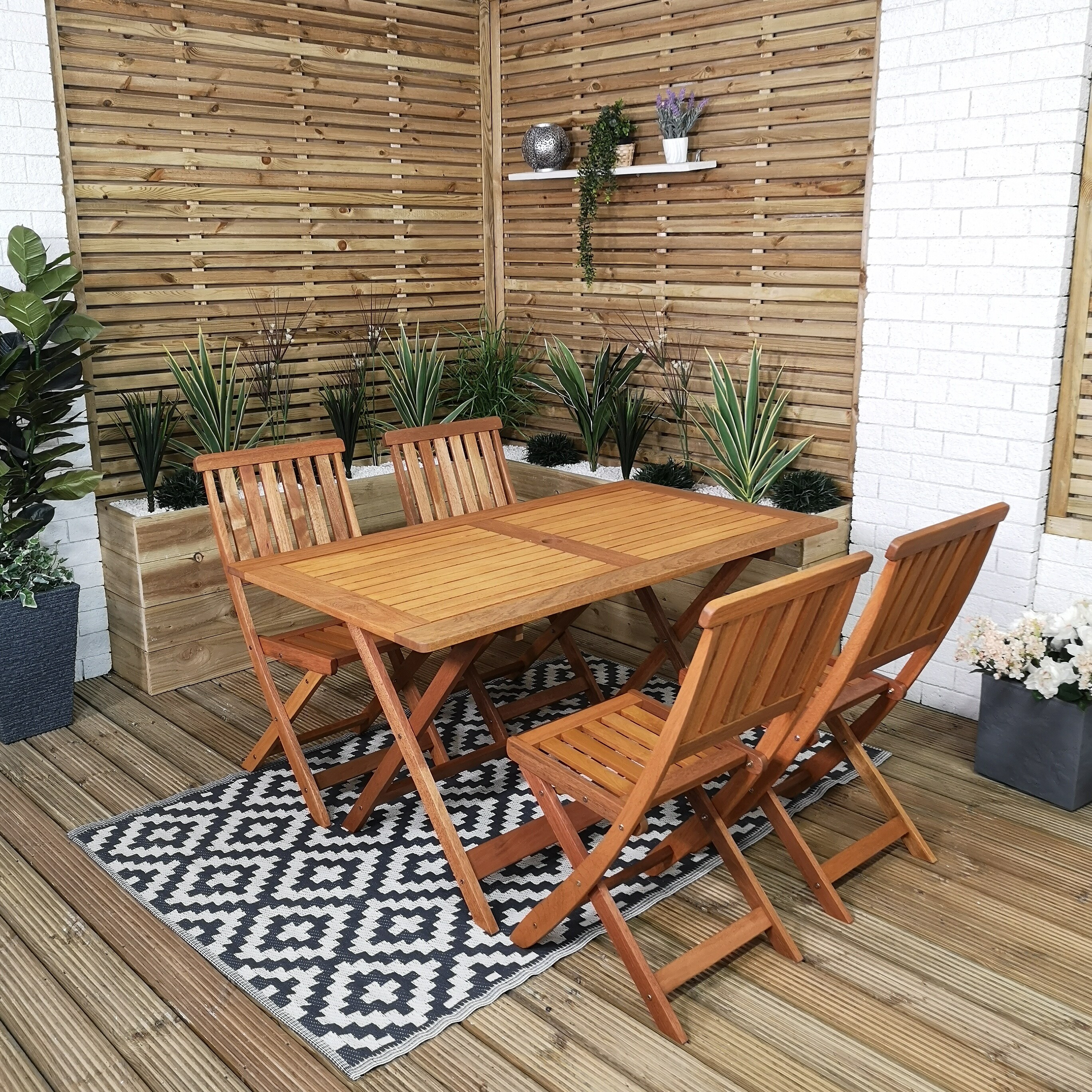 Outdoor 4 Person Folding Rectangular Wooden Garden Patio Dining Table Chairs Set