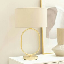 ValueLights Antonia Natural Fabric Drum Lamp Shade Brushed Gold Oval Table Lamp Gold
