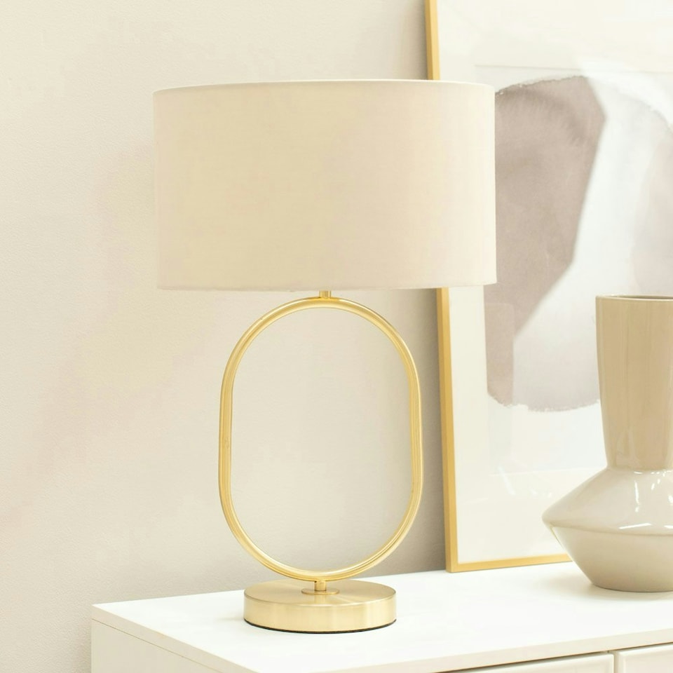 image 1 of ValueLights Antonia Natural Fabric Drum Lamp Shade Brushed Gold Oval Table Lamp Gold
