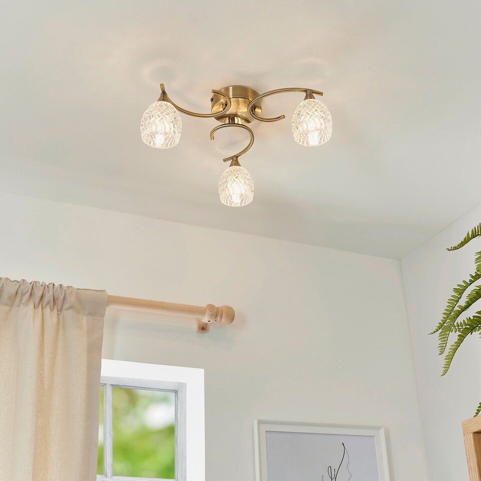 image 1 of Boyer 3 Light Semi Flush Multi Arm Ceiling Light Antique Brass, Glass, G9