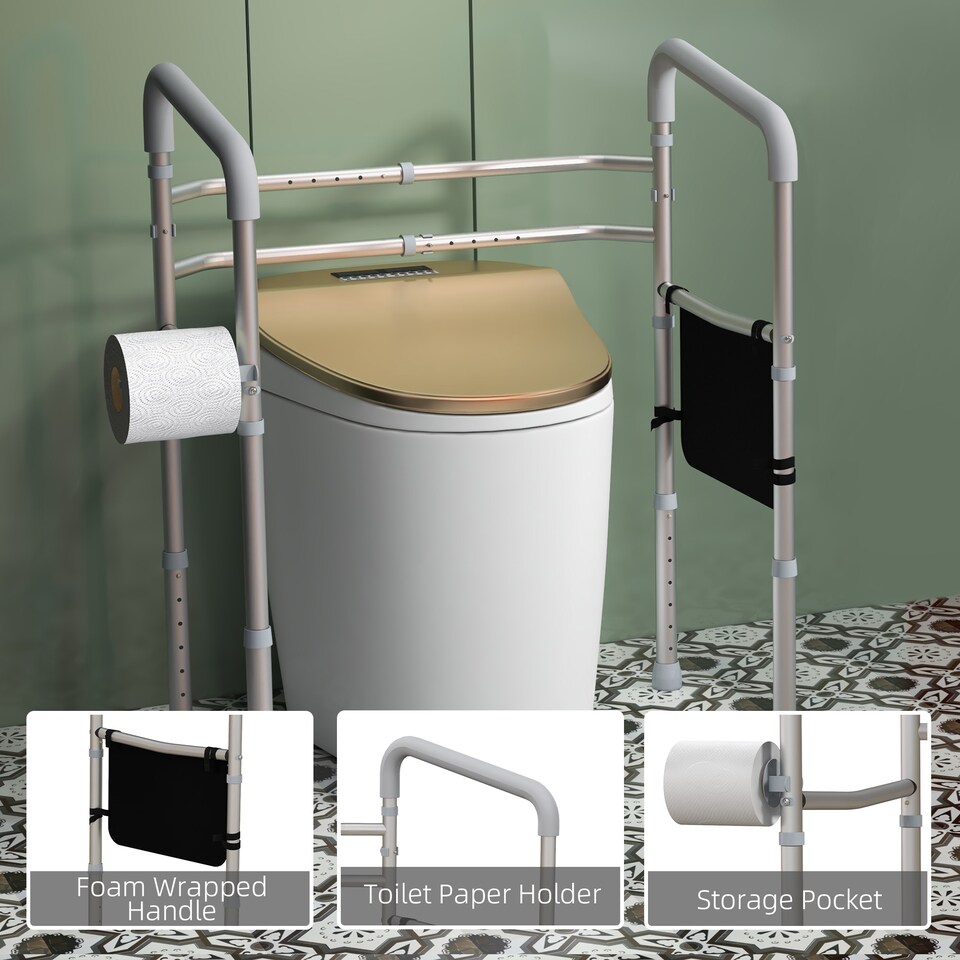 image 1 of HOMCOM Freestanding Toilet Frame, 136kg MaLoad Toilet Safety Frame with Adjustable Height and Width, Arms, 2 Suction Cups, Storage for Elderly, Senior, Disabled, Handrail Grab Bar,