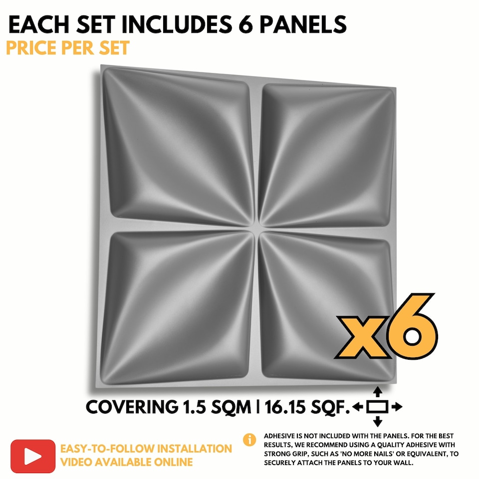 image 1 of NOVECRAFTO 3D Wall Panels – Quilted Fold Design – 6 PVC Sheets – 1.5m² (16.15sqft) – 50x50cm Decorative Interior Wall Cladding Panels Silver