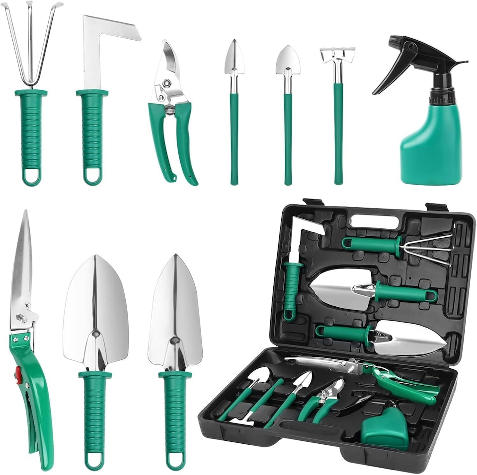 image 1 of 10-Piece Stainless Steel Gardening Tools Set (Green) - Heavy-Duty Garden Hand Tools with Ergonomic Handles & Carry Case -Ideal Gift for Gardeners