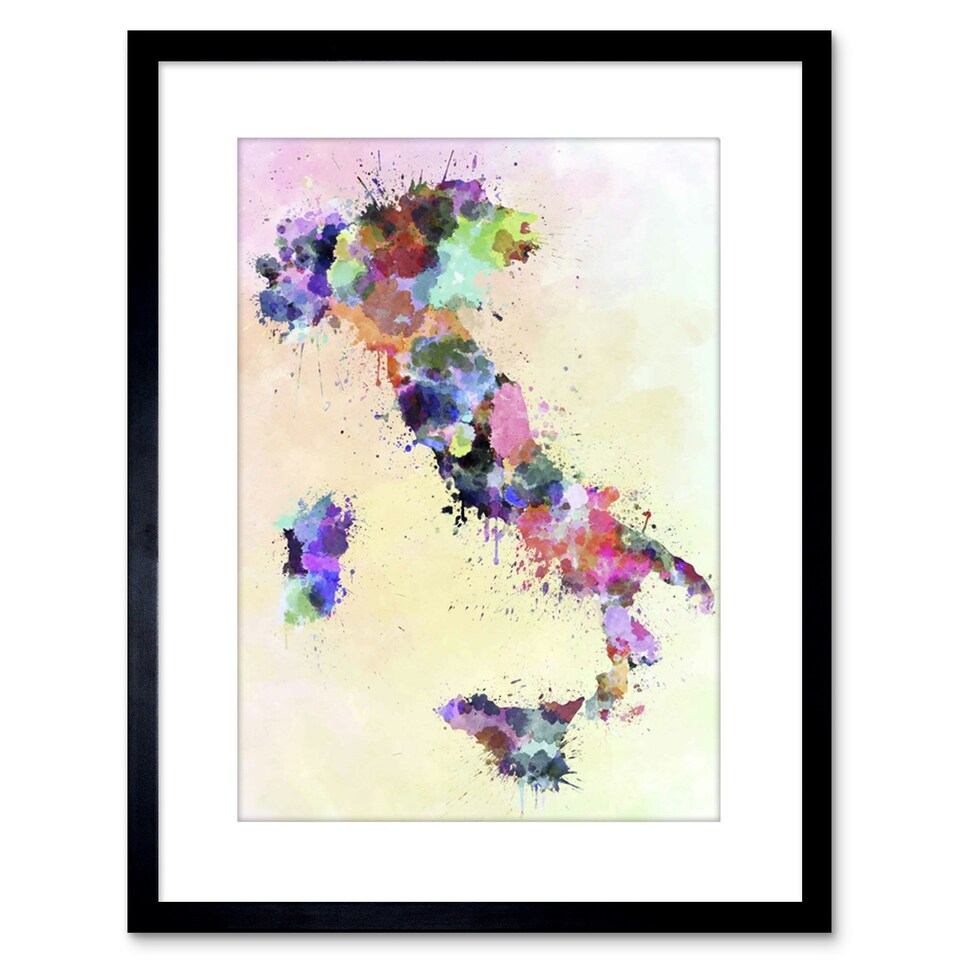 image 1 of Map Painting Italy Sardinia Sicily Paint Splash Colour 9x7" Black Framed Wall Art Print