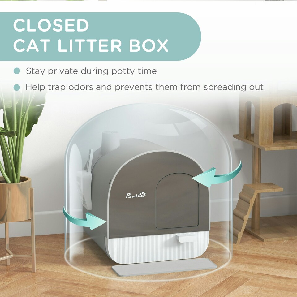 image 1 of PawHut Cat Litter Box Kitten Litter Tray w/ Lid, Scoop, Filter, Flap Door, Grey