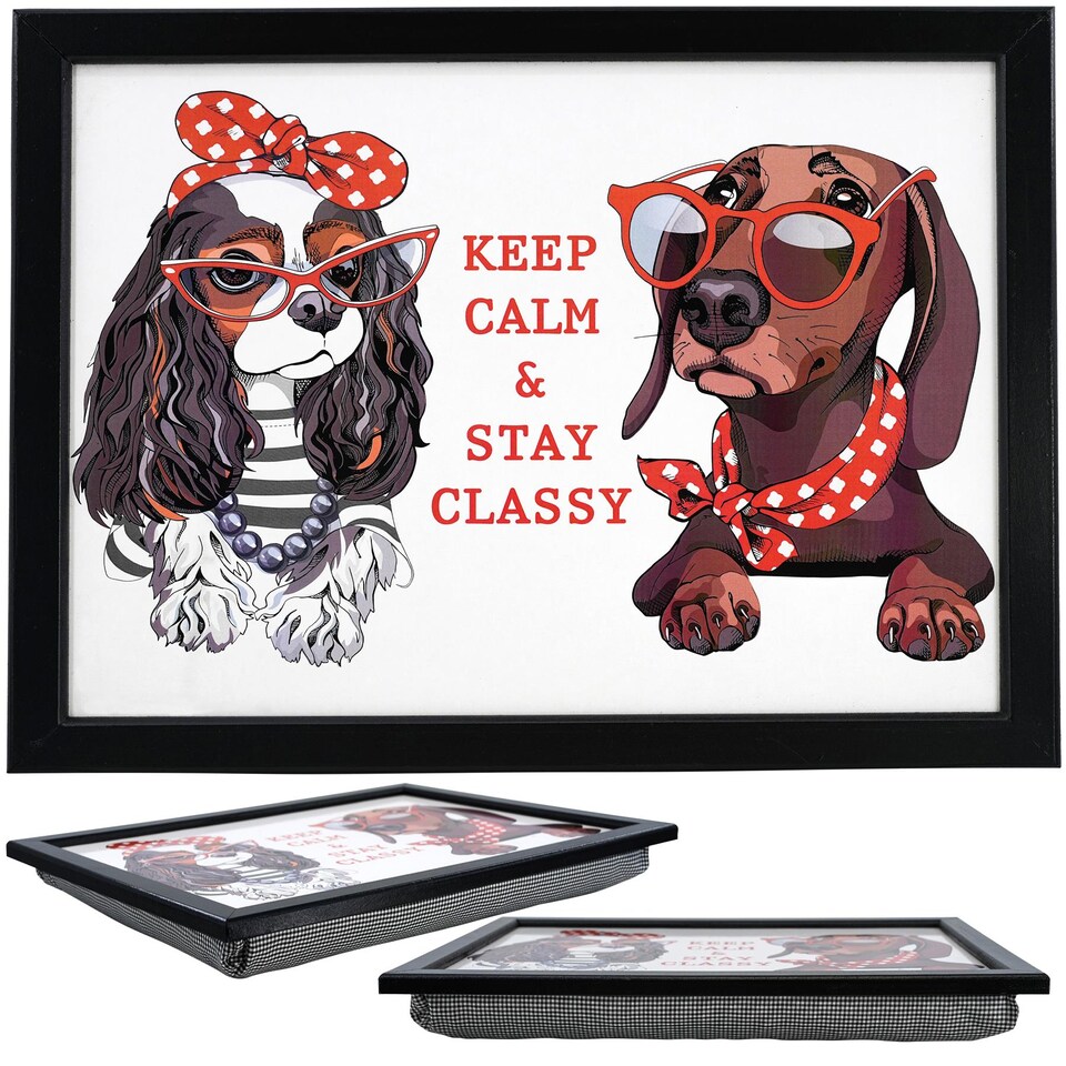 image 1 of GEEZY Keep Calm Stay Classy Wooden Lap Serving Tray with Bean Bag Cushion 44x34cm