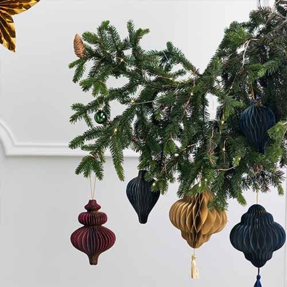 image 1 of Navy Blue Honeycomb Lantern with Tassel Hanging Paper Bauble Decoration 15cm