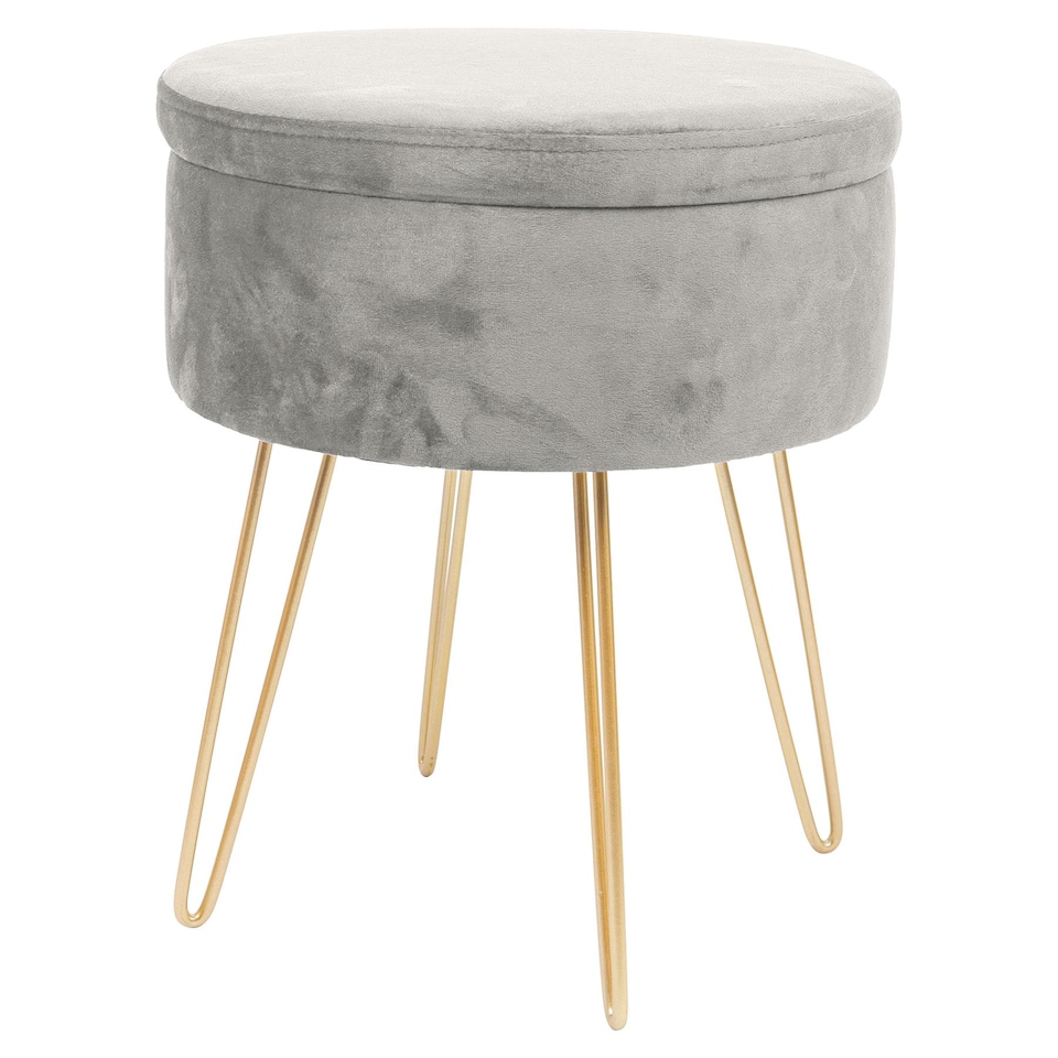 image 1 of Harbour Housewares Velvet Storage Footstool - Round Modern Dressing Table Footstool Vanity Seat Chair - 45 x 36cm - Grey/Gold | Grey | Grey/Gold | Pack of 1 | 1