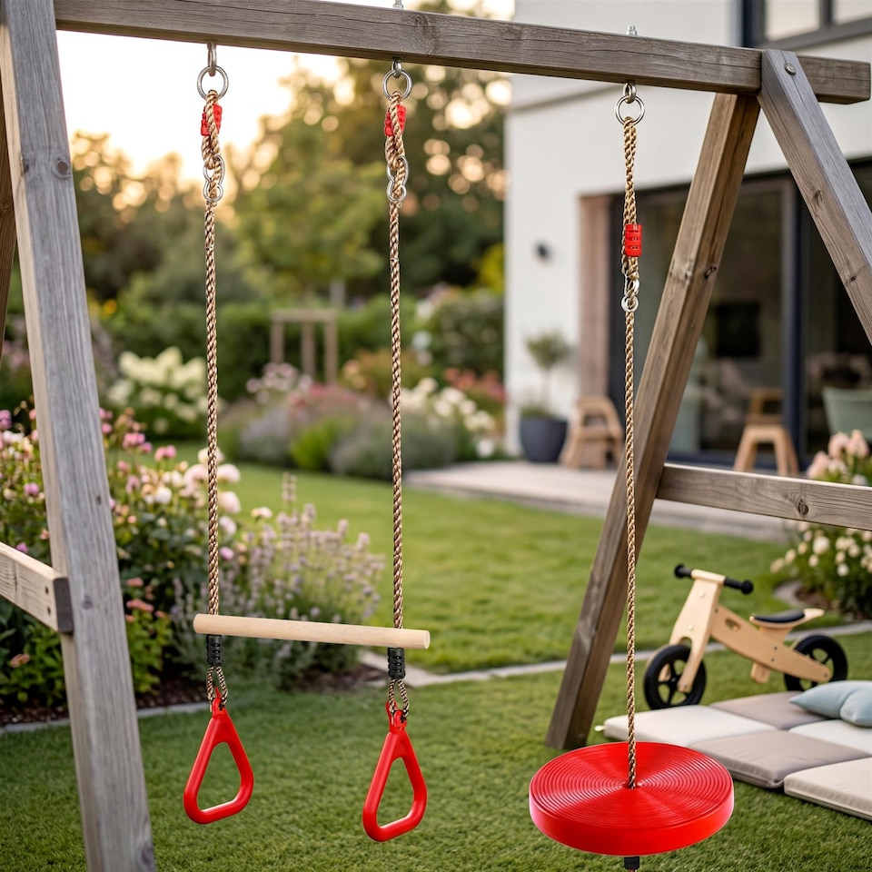 image 1 of The Magic Toy Shop Trapeze Bar Swing Set 2-in-1 Garden Climbing Frame Accessories