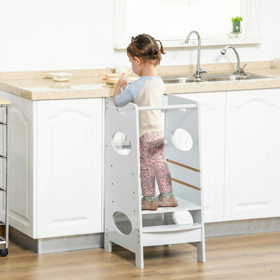 image 1 of HOMCOM Kids Step Stool Toddler Kitchen Stool w/ Adjustable Standing Platform White