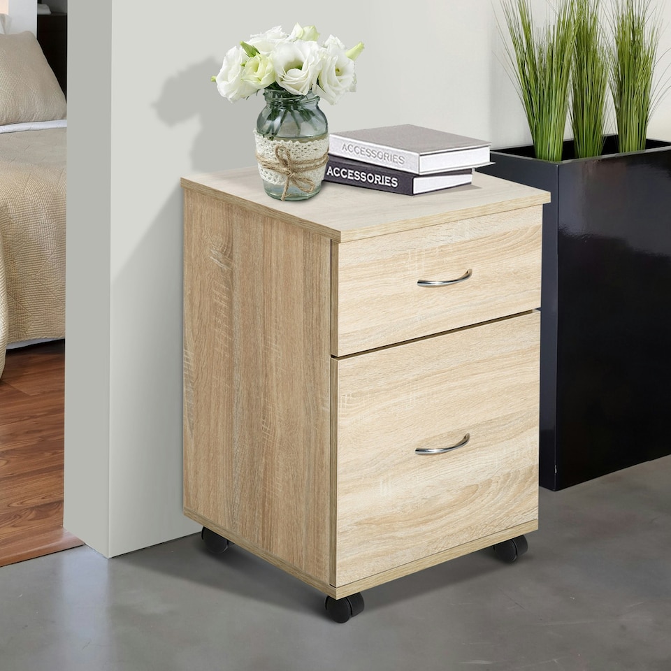 image 1 of HOMCOM Pedestal Office Mobile Filing Cabinet 2 Drawer Oak