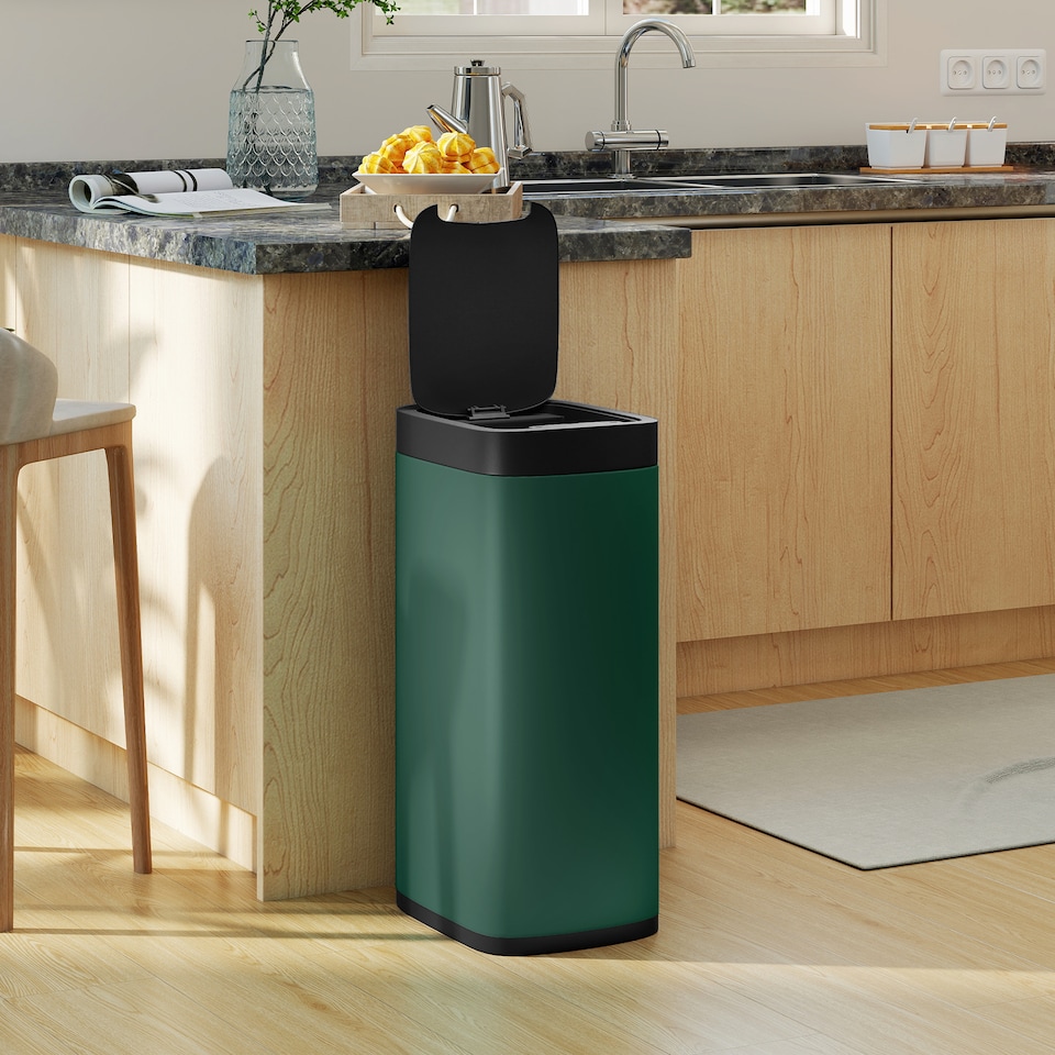 image 1 of HOMCOM 50L Sensor Bin, Automatic Touchless Kitchen Bin with Motion Sensor, Manual Override, Battery Operated, Fingerprint-Resistant, Inner-Bucket-Free, for Kitchen, Bedroom, Home Office, Dark Green | Green | Green