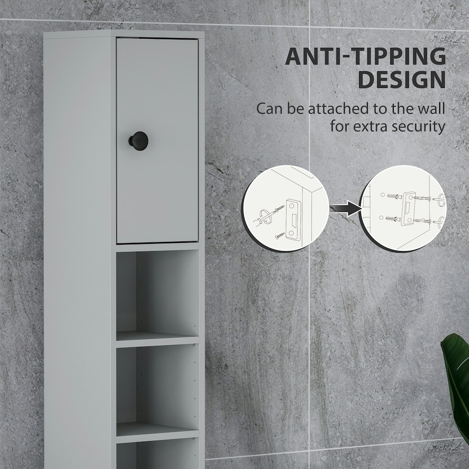 image 1 of kleankin Slim Bathroom Cabinet w/ Open Shelves and 2 Door Cupboards, Grey Grey