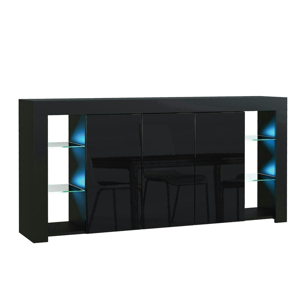 image 1 of Black Sideboard 164cm Gloss Doors Free LED Modern Storage Unit Black