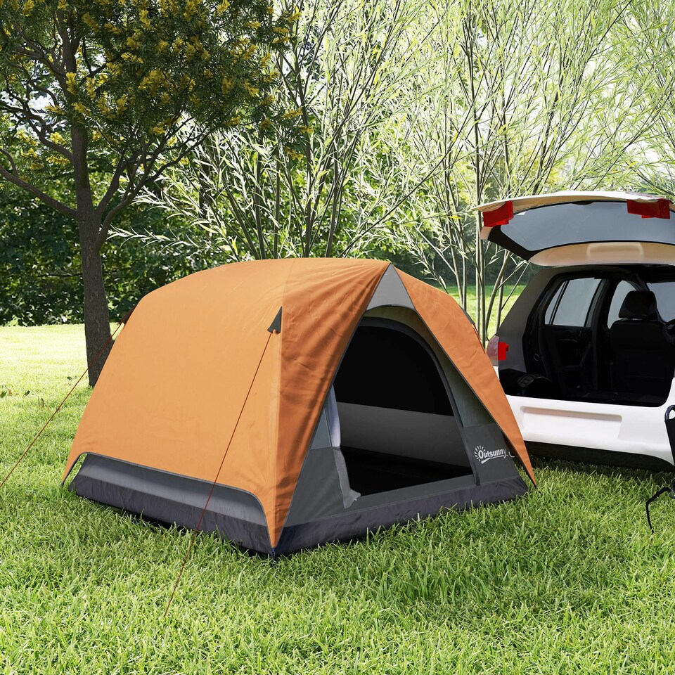 image 1 of Outsunny 3-4 Person Camping Tent, Waterproof Tent Orange | Orange, Grey