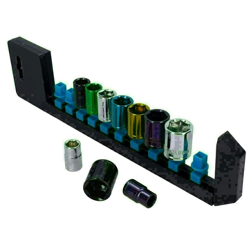image 1 of 10pc Coloured 3/8" Dr Shallow Sockets 6 Point Hex Metric 10 - 19mm With Rail