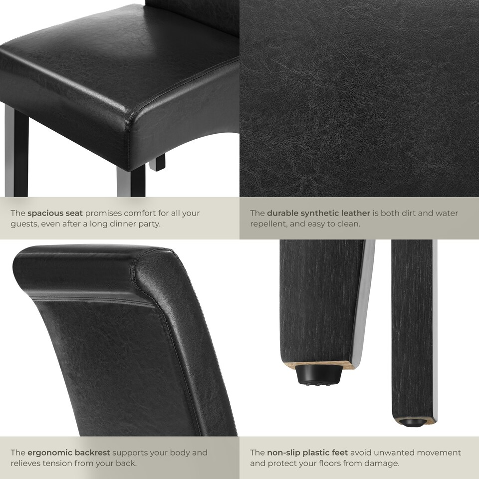 image 1 of Dining Chair - ergonomic seat shape, high backrest, padded, faux leather - Set of 4 Black
