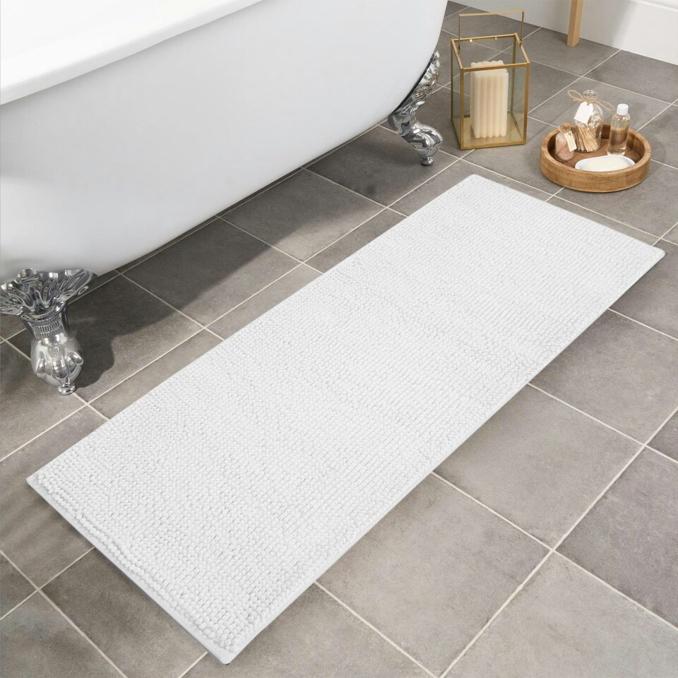 image 1 of OHS Soft Microfibre Non-Slip Absorbent Noodle Bobble Chenille Runner Bath Mat, 45x110cm - White White | 45x110cm