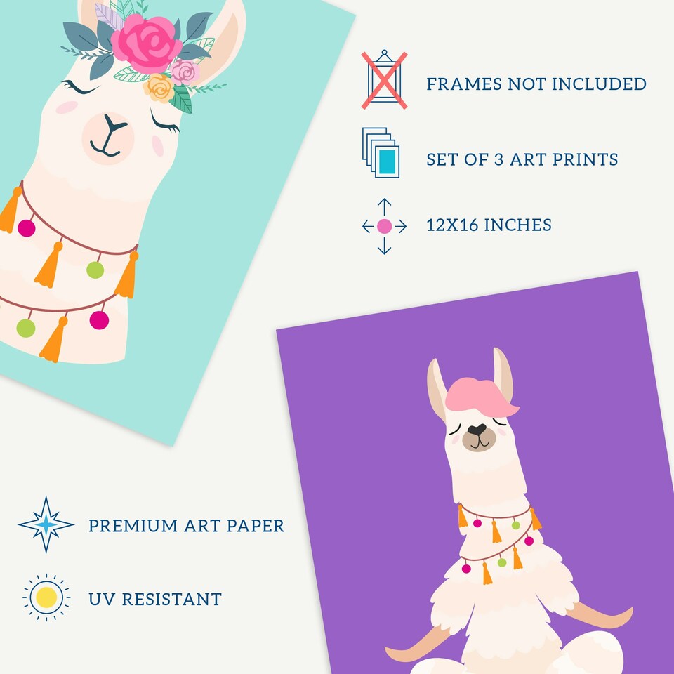image 1 of Set of 3 Kids Bedroom Happy Llama Yoga Meditation Bright Purple Pastel Blue Wall Art Prints 12x16 Inch