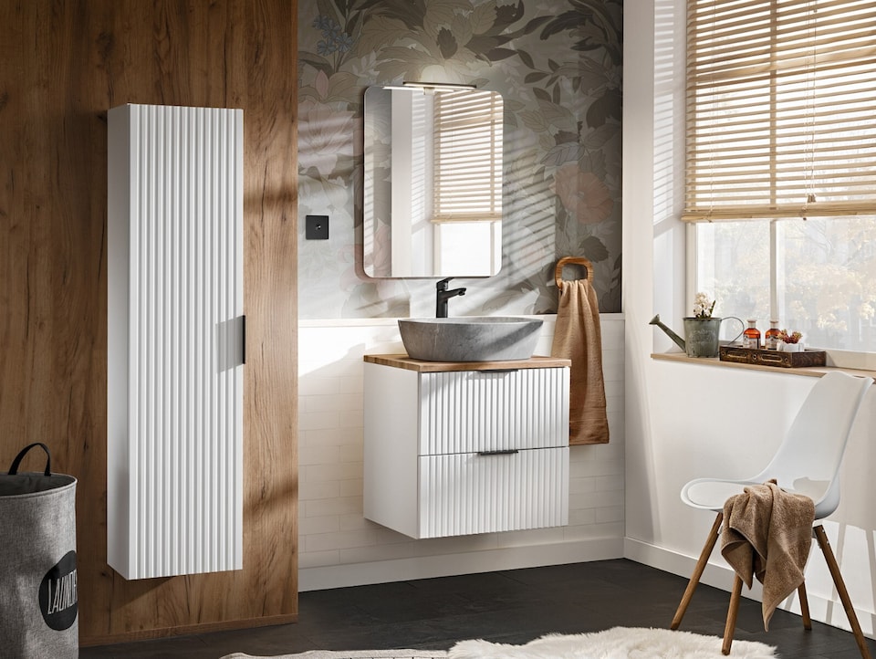 image 1 of Wall Hung White Bathroom Vanity Unit 600mm Oak Countertop Worktop Cabinet with Drawers Ribbed Fluted Adel