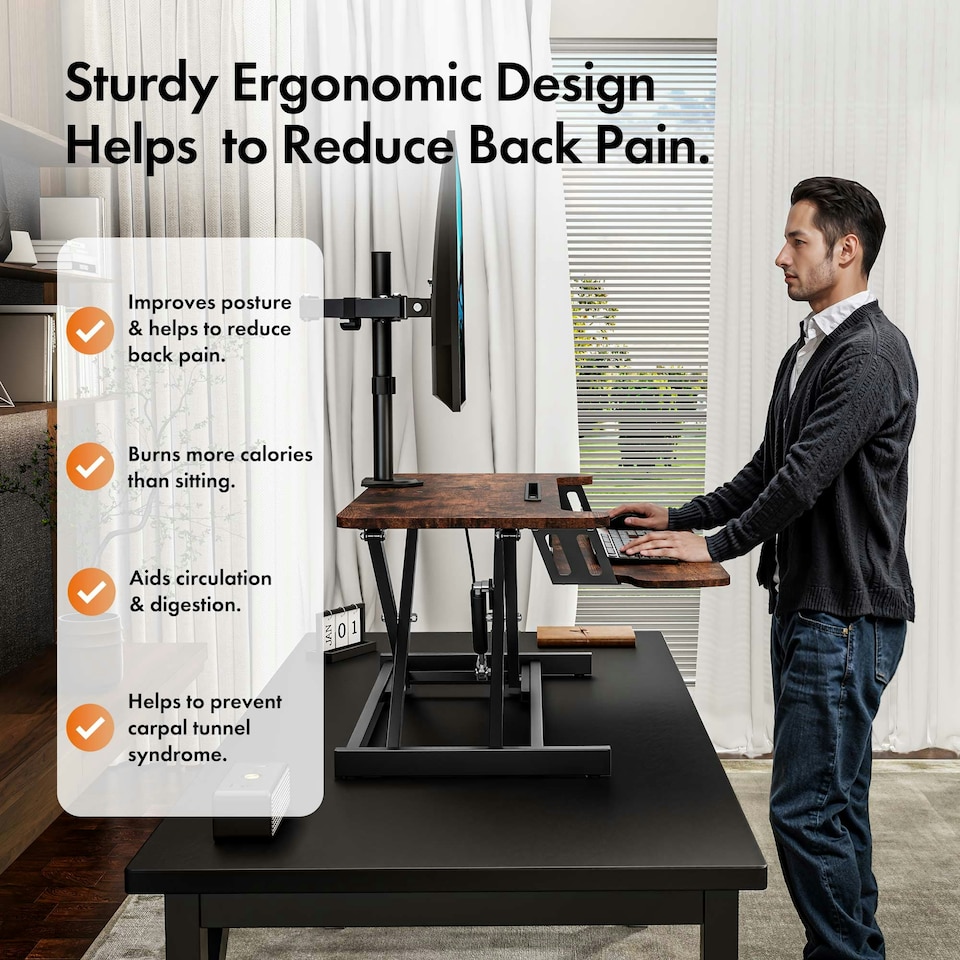 image 1 of VonHaus Height Adjustable Dark Wood Standing Desk Converter, 80cm length Brown