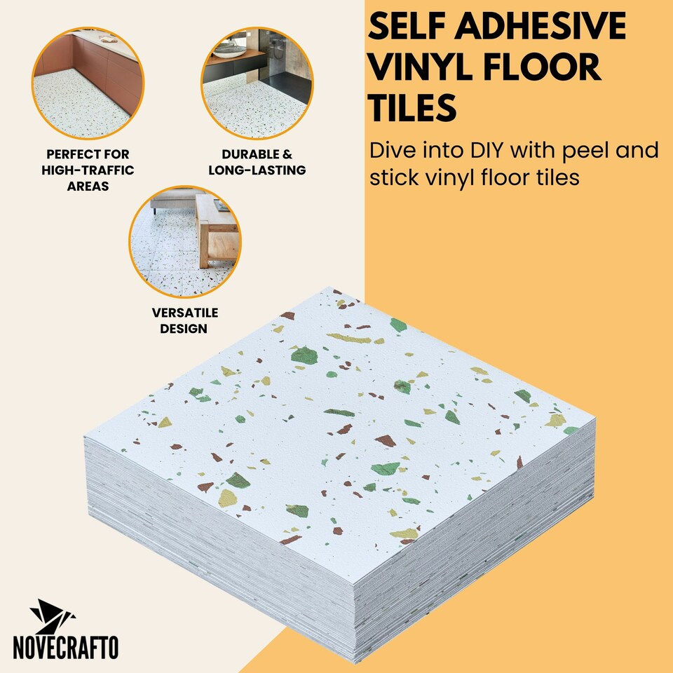 image 1 of NOVECRAFTO Vinyl Floor Tiles Self Adhesive – 12x12in Peel and Stick Flooring for Kitchen, Bathroom & Living Room – White Terrazzo Look with Flecks White | 4.65 sqm