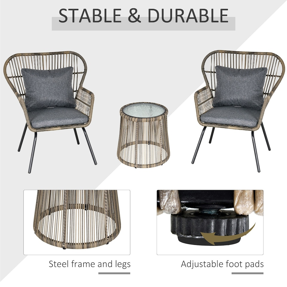 image 1 of Outsunny 3 PCS Webbed PE Rattan Outdoor Patio Set w/ Cushions Steel Frame Grey