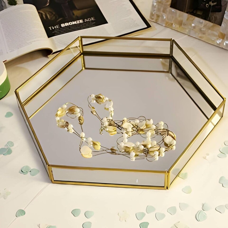 image 1 of Hexagon Metal Gold Mirror Tray | Gold | M | 1