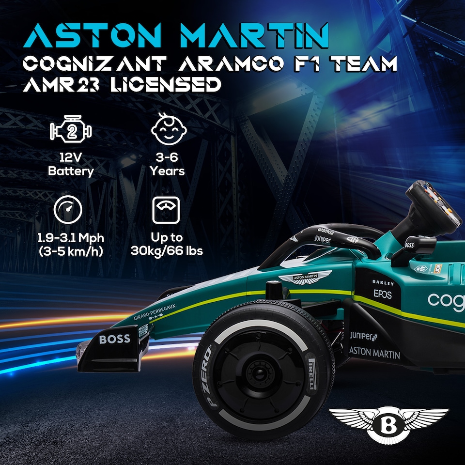image 1 of AIYAPLAY Aston Martin Licensed 12V Electric Go Kart, Kids Racing Kart with Bluetooth, 4 Suspension Wheels, Remote Control, Music Lights Horn, for 3-6 Years, Green