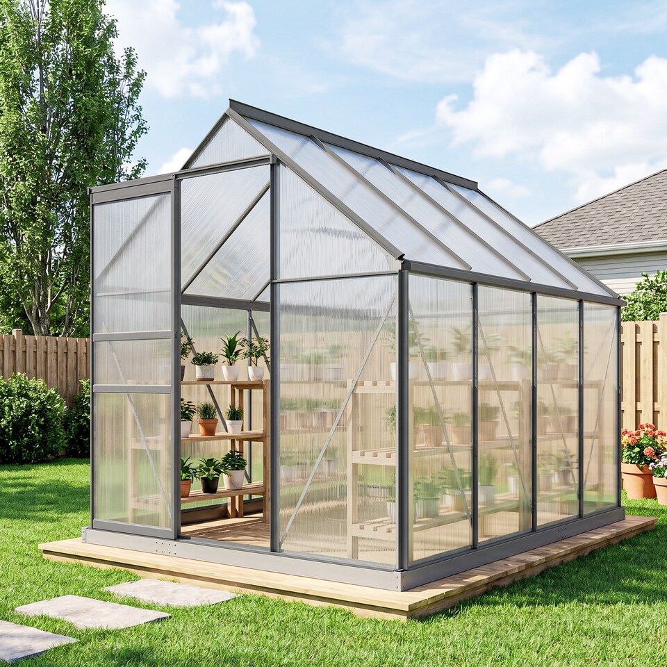 image 1 of Outsunny Polycarbonate Walk-in Garden Greenhouse w/ Sliding Door Dark Grey