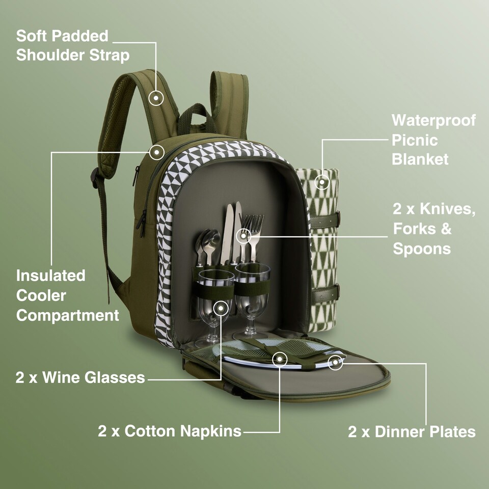 image 1 of VonShef Picnic Backpack, 2 Person Green Geo Insulated Picnic Bag with Dining Set