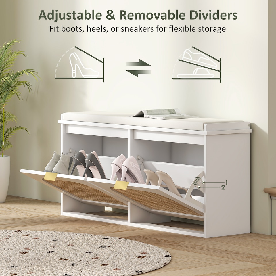 image 1 of HOMCOM Boho Shoe Bench with Padded Seat and 2 Flip-Drawers, White | White | White