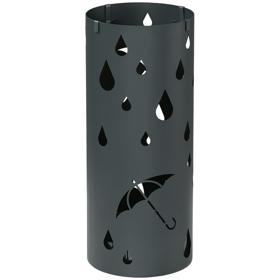 image 1 of HOMCOM Metal Umbrella Stand, Hollowed Umbrella Basket with 4 Hooks and Drip Tray