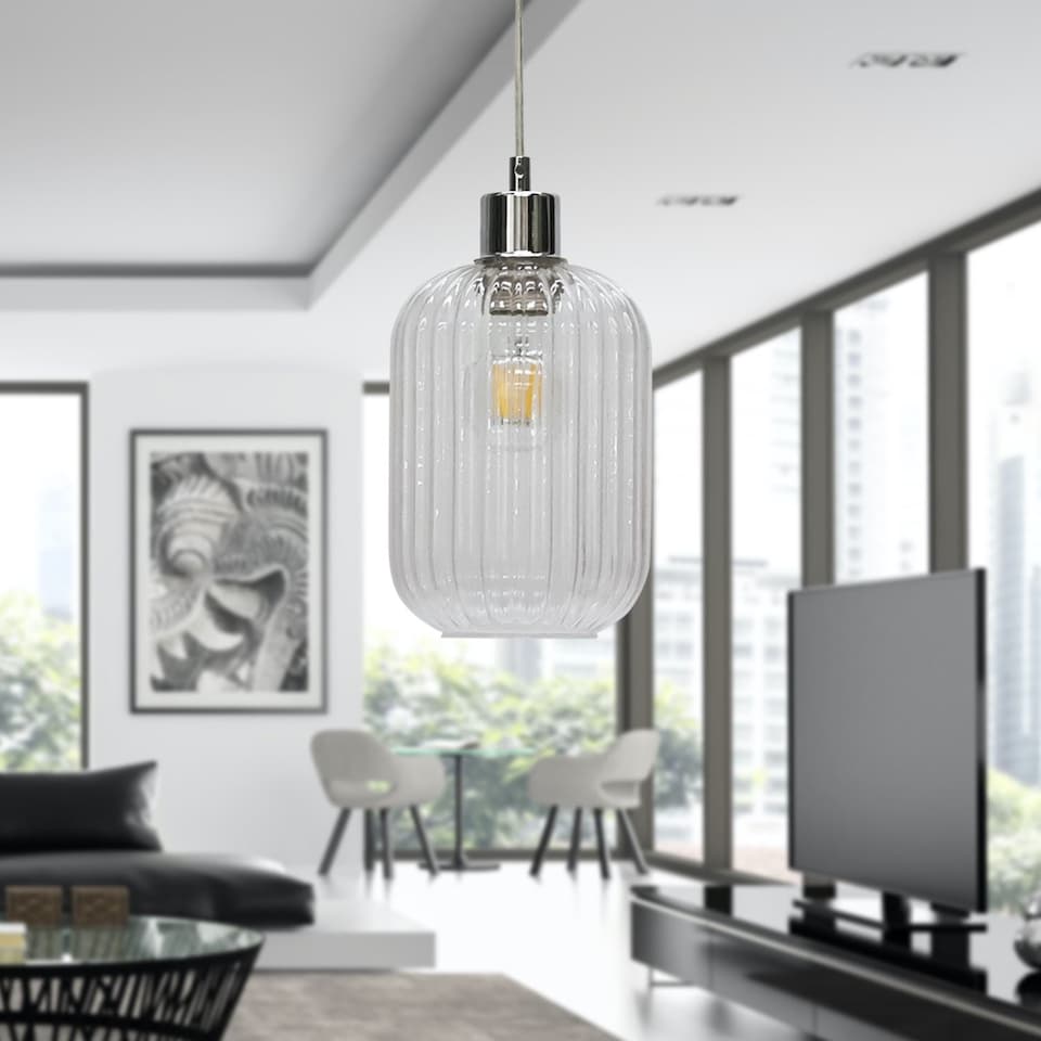 image 1 of Batley - Clear Ribbed Glass with Chrome Pendant Fitting | Clear | Clear | 1