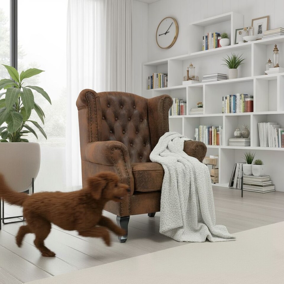 image 1 of Faux Leather Brown Suede Balmoral Wing Back Chair with Buttons