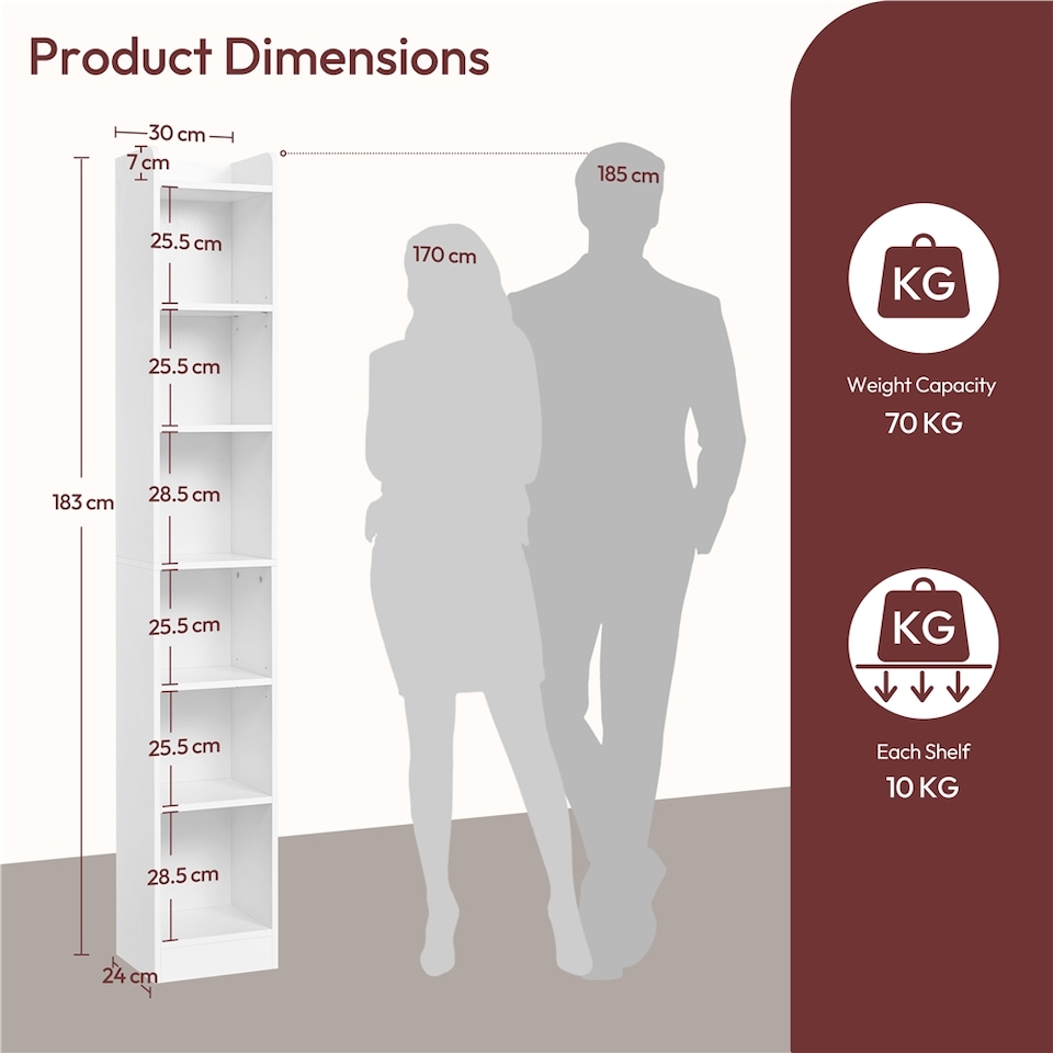 image 1 of Yaheetech 7-layer Narrow Bookshelf with Top Open Compartment | White | One Size